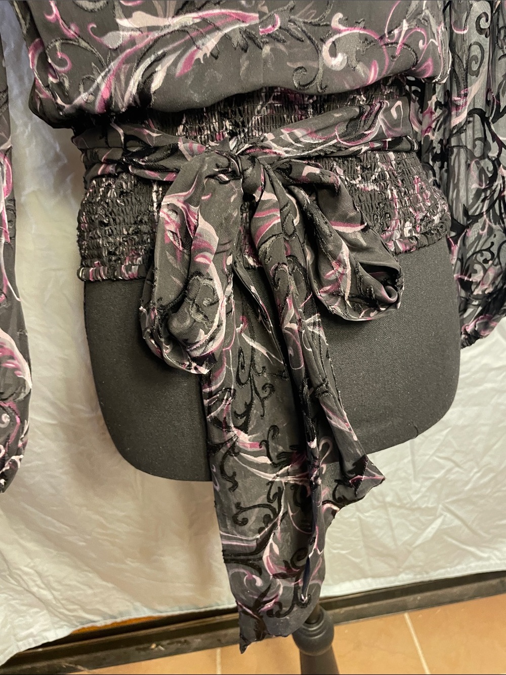 White House Black Market Black Sheer Blouse with Pink Scroll Print - Picture 8 of 12